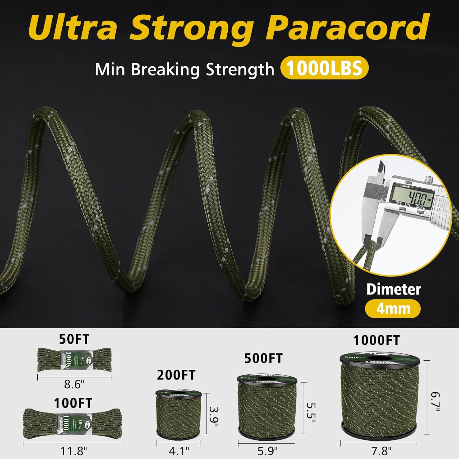1000lb Reflective Paracord 4mm - Para Cord 1000Ft 评论和价格